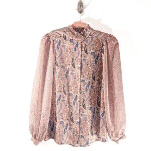 ESQUALO Boho Paisley Print Sheer Blush Pink Button-up Blouse EUC Women's Size 4